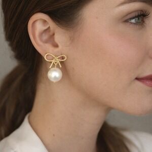Gold Tone Rope Bow‎ Faux Pearl Drop Earrings Post Back Balletcore Coquette